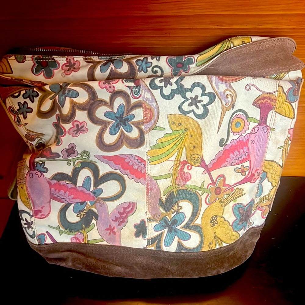 Lucky Brand tote bag. Suede brown leather bottom & strap. Print birds & flowers